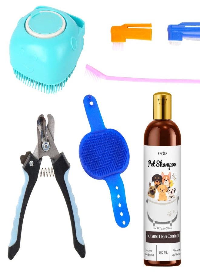 مجموعة ريجيس للعناية بالحيوانات الأليفة، مجموعة استحمام للكلاب 6 في 1 مع شامبو لمكافحة القراد والبراغيث، مقص أظافر، فرشاة سيليكون، فرش أسنان، أزرق - Image 1